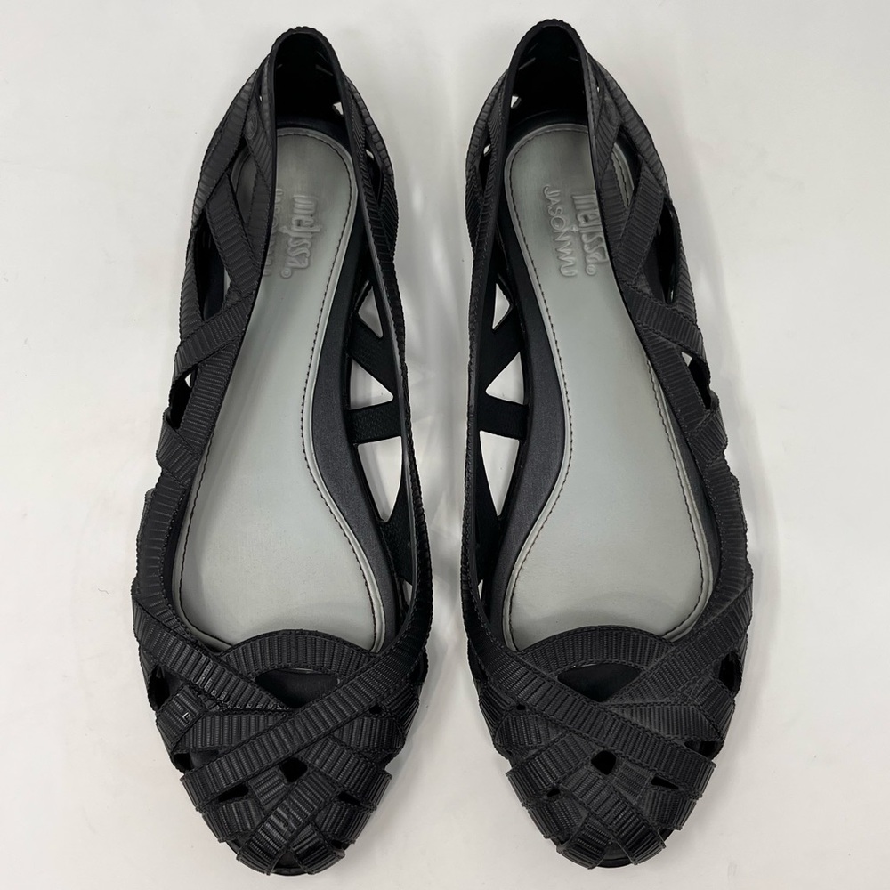 Melissa + Jason WU Ballet Flats Womens 8 Black Almond Toe Gel Cutout Jelly Shoes